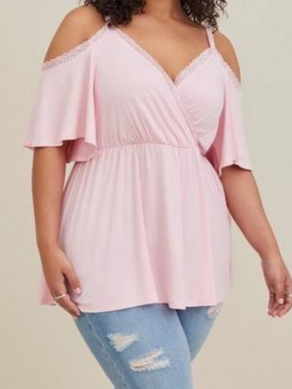 torrid Pink Babydoll Super Soft Surplice Lace Trim Cold Shoulder Top 2